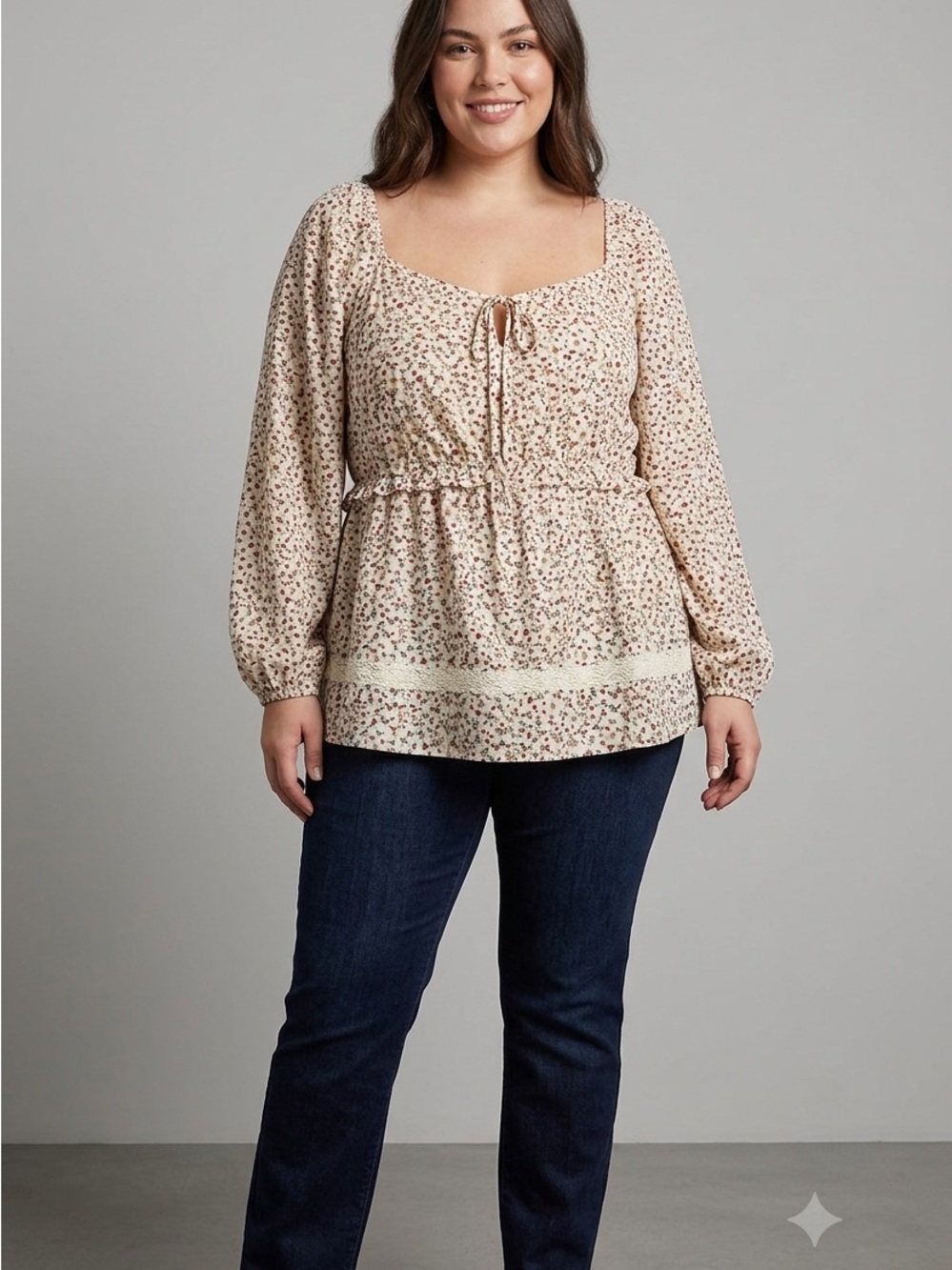 BloomChic Cream Floral Peplum Tie-Neck Blouse